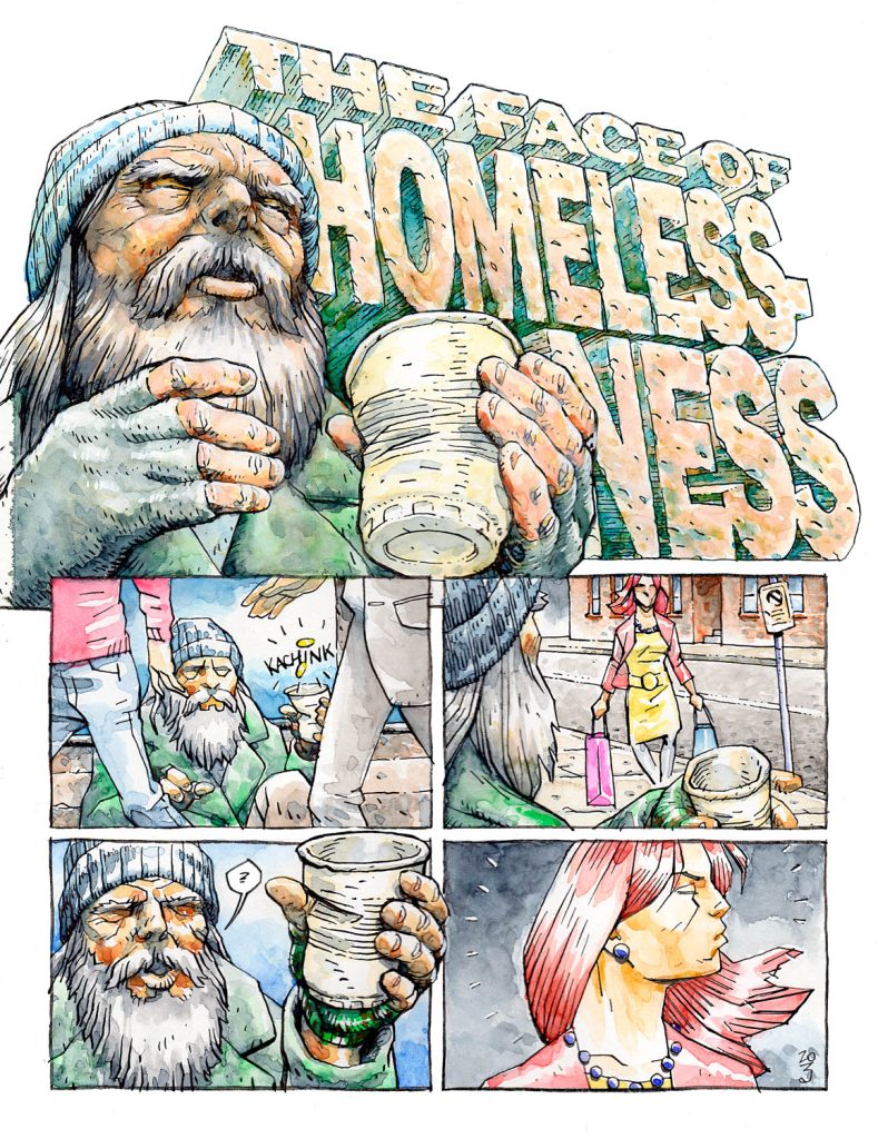 The Face of Homelessness, Ink & Watercolour on paper, 29.7cm x 42cm, © Cristian Roux 2023